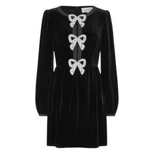 Saloni Camille Crystal Bead Pearl Embellished Bows Velvet Mini Dress US 12/UK 16